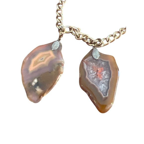 Vintage Agate Stone Slab Charm Bracelet Gold Tone Chain Fold Over Clasp 6.75" - Picture 2 of 6